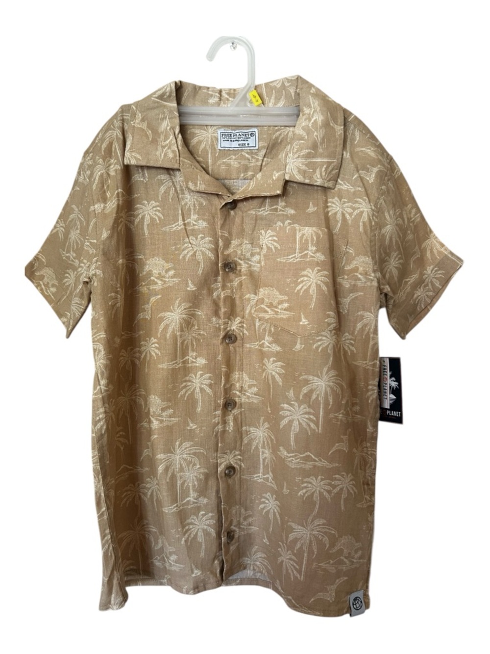 Free Planet Boys Tan Palm Print Button-Down  Linen Cotton Blend Shirt